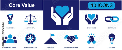 Core value icon set. Containing award medal, balance scale, caring hands, handshake, target arrow, trust lock, open book, quality diamond and more. Solid fill vector icons collection.