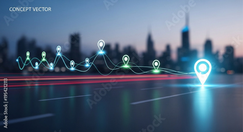 City Navigation Route with Glowing Location Markers and Data Visualization.