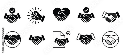 Business agreement handshake icon set featuring partnership friendship cooperation contract deal relation success greeting vector illustrations for business, corporate, finance, teamwork, and professi
