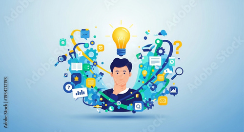 Creative Thinking - Man with Lightbulb and Idea Icons.
