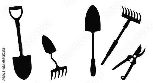 Gardening tools arranged in a black silhouette against a white background
