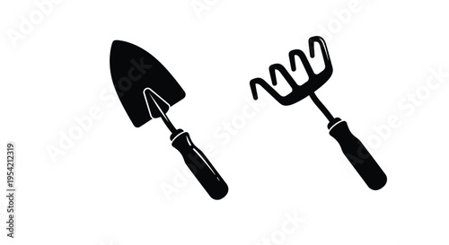 Black gardening tools a trowel and hand rake in silhouette