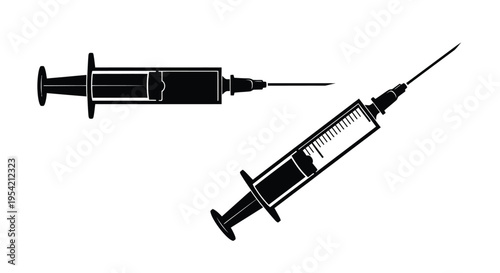 Two medical syringes displayed in a stark black graphic silhouette