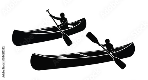 Two canoes with paddlers depicted in a striking black silhouette