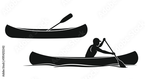 Canoeing scene with a paddler and boat distinct black silhouette