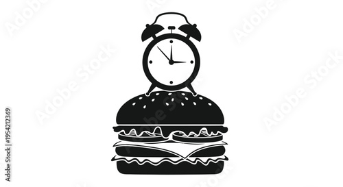 A whimsical burger with a clock on top black silhouette