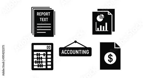 Financial reports calculator and accounting tools in black silhouette