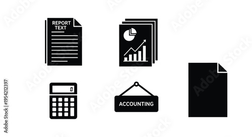 Business reports calculator and accounting signage in a black silhouette