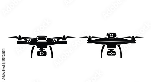 Two black drone illustrations depict aerial vehicles in a flat silhouette