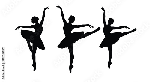 Three graceful ballerinas captured in dynamic poses a striking silhouette