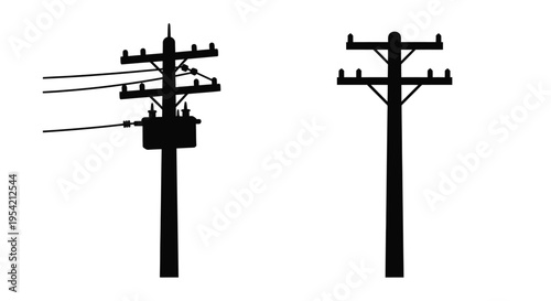 Electrical power lines and poles against a white background silhouette