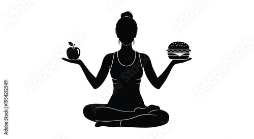 Woman balancing healthy apple and fast food burger a dietary choice silhouette