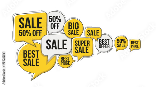 Colorful sale promotional speech bubbles with discounts and offers in a shopping marketing concept for retail campaigns