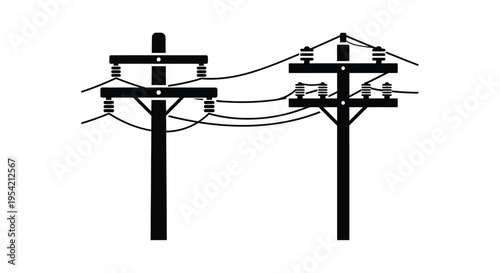 Black silhouette of utility poles and power lines against a white background