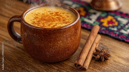 Traditional cinnamon atole in handcrafted clay mug with golden foam and aromatic spice garnish served on rustic wooden table with colorful Mexican textile
