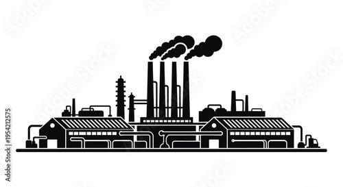 Industrial complex with smokestacks depicted in stark black silhouette