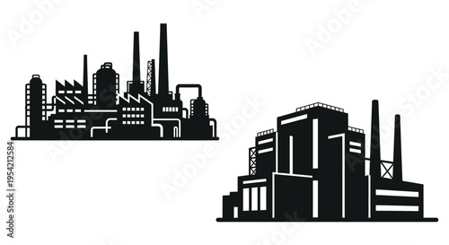 Industrial landscape with factory buildings and smokestacks black silhouette