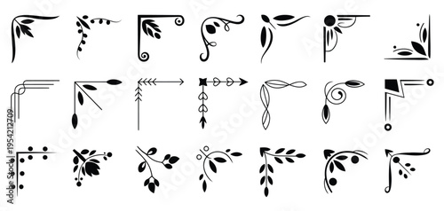 Doodle corners with swirl line ornaments, floral flourishes, and ornate filigree for vintage cards, retro certificates, and baroque style decorative borders vector illustration collection