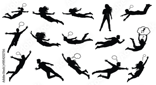 People in flight depicted in dynamic poses a striking silhouette