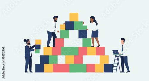 Diverse team building a colorful block tower, teamwork and collaboration concept
