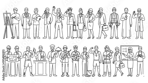 Diverse professions people line art professional icons outline