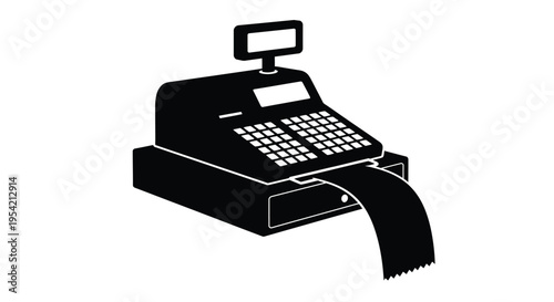 A black silhouette of a vintage cash register with receipt paper