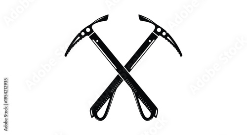 Two crossed ice axes presented in a striking black silhouette