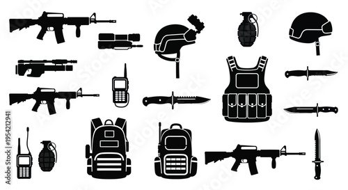 Military equipment and weaponry collection in stark black silhouette