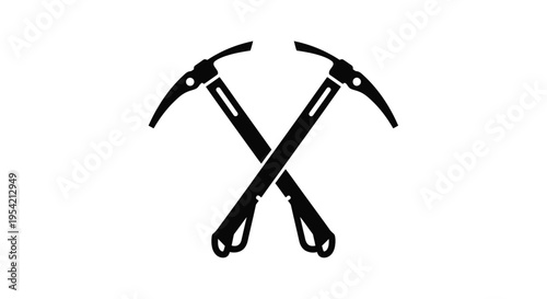 Two crossed ice axes depicted in a stark black silhouette
