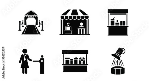 Market stall and event icons in a striking black silhouette