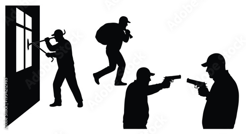 Three figures committing a burglary depicted in stark black silhouette