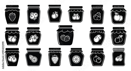 Collection of jam jars with fruit designs in black silhouette