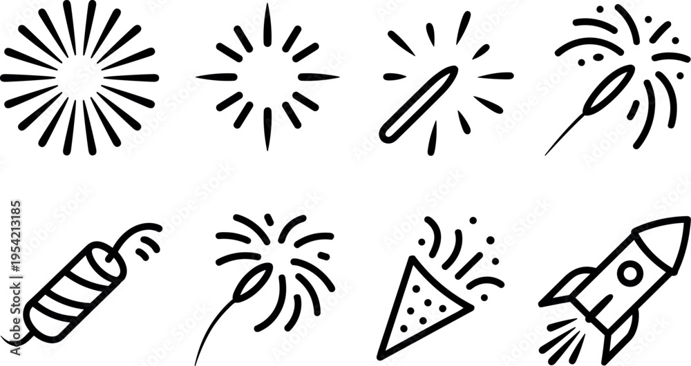 Fototapeta premium Hand drawn fireworks and celebration icons set isolated on white background for party festival event vector illustration