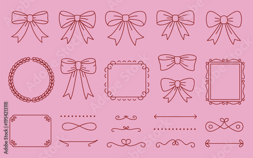 Hand drawn floral bows and decorative frames vector set in elegant line art style for wedding invitations and crafts