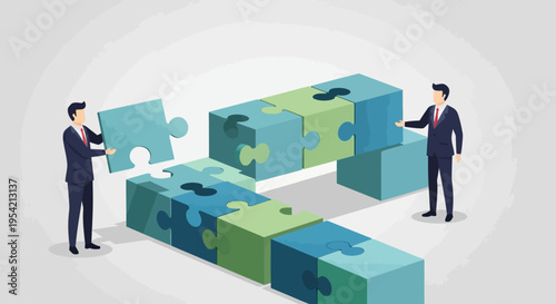 Businessmen assembling puzzle blocks, symbolizing teamwork, strategy, and problem-solving in corporate environment.