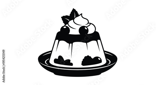 Black and white illustration of a dessert with berries a striking silhouette
