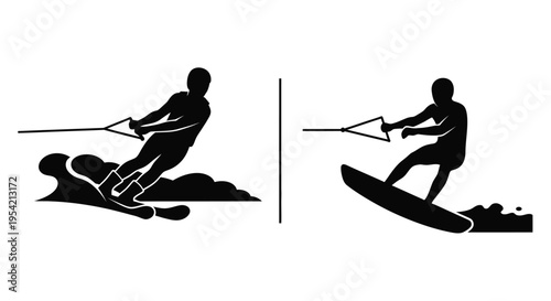 Waterskiing action depicted in a minimalist black design silhouette