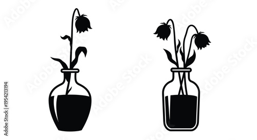 Two vases with drooping flowers presented as a striking silhouette