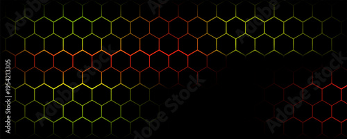 Dark hexagon abstract technology background with blue and green colored bright flashes under hexagon. Hexagonal gaming vector tech illustration black abstract background. vector eps 10