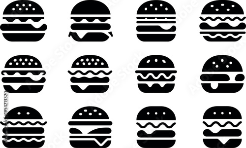 Set of twelve black and white burger icons isolated on circular backgrounds vector illustration design