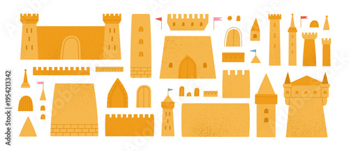 Big set of sand castle's parts. Create your own castle for promotional or lifestyle design. Also can be used as set of stickers — creative activity for kids. Vector illustration. Beach resort concept.
