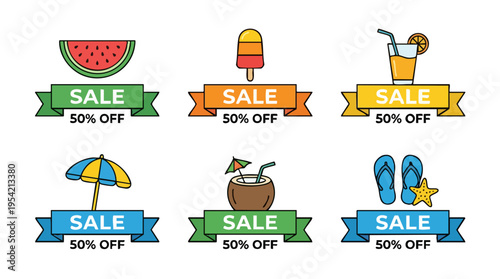 Colorful summer sale icons featuring watermelon, ice cream, cocktail, umbrella, flip-flops, and sale banners on a black background
