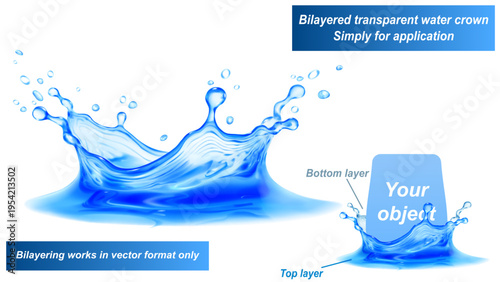 Transparent water crown in bright blue colors with splashes and drops. It consists of two layers - front and back. You can insert any object between them, only for vector format.