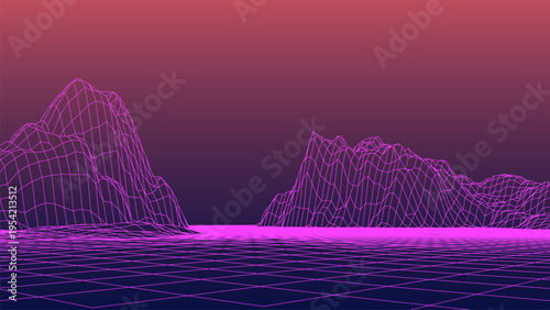An abstract futuristic 3D mountain landscape in the style of the 1980s. The vector illustration depicts mountain forms and a digital surface for the 1980s-style background. Early computer graphics.