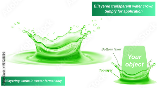 Transparent water crown in green colors with splashes and drops. It consists of two layers - front and back. You can insert any object between them, only for vector format.