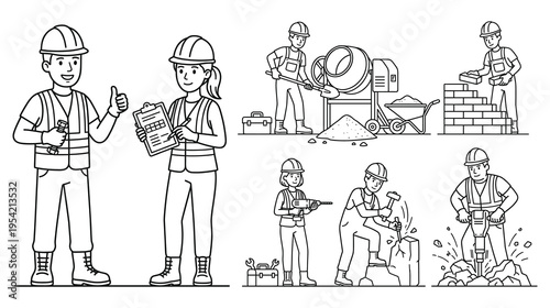 Construction site worker line art set with equipment and machinery use