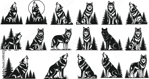 Collection of black and white wolf illustrations featuring howling, standing, sitting, and walking poses with pine trees, moon, and wilderness elements symbolizing wildlife, nature,