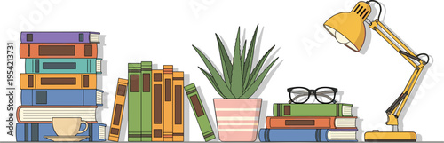 Cozy home office bookshelf with stacked colorful books, coffee cup, potted plant, eyeglasses and modern desk lamp minimal flat vector illustration workspace decor