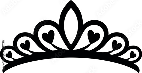 Elegant black and white crown tiara with hearts minimalist design vector illustration isolated on white background