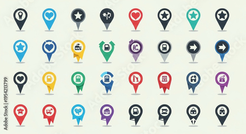 Collection of Colorful Map Pointer Icons with Various Symbols.